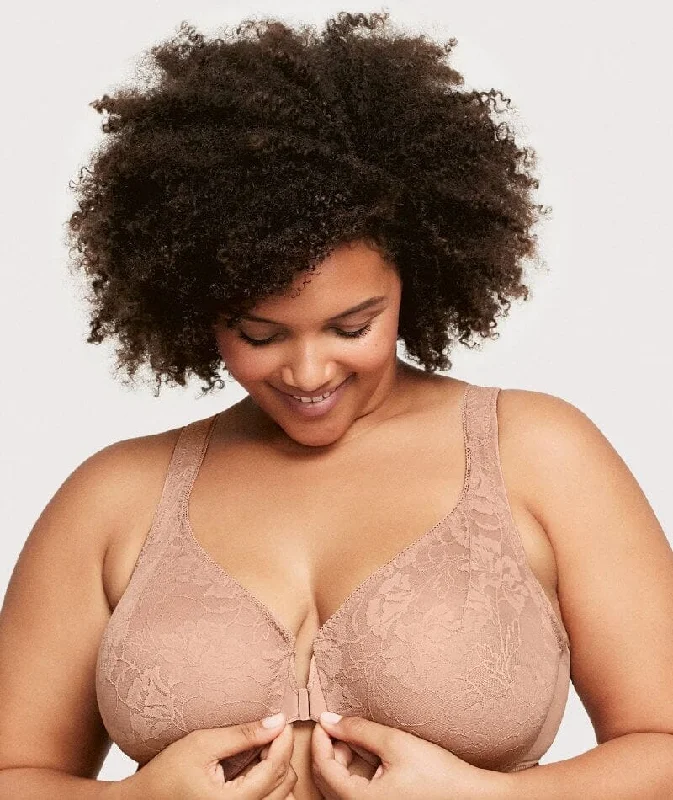 New Arrival Glamorise Lacey T-Back Front-Closure WonderWire Bra - Cappuccino
