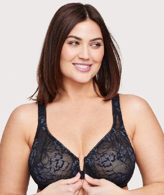 Massive Savings Glamorise Lacey T-Back Front-Closure WonderWire Bra - Black