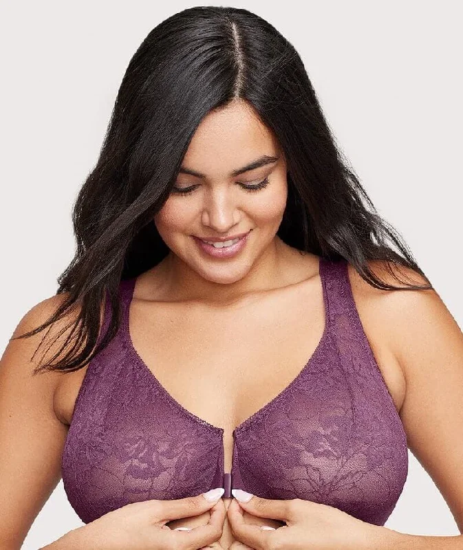 Lowest Price Glamorise Lacey T-Back Front-Closure WonderWire Bra - Plum