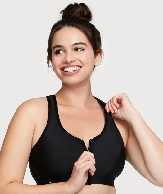 Price Slash Glamorise Zip Up Front-Closure Wire-Free Sports Bra - Black