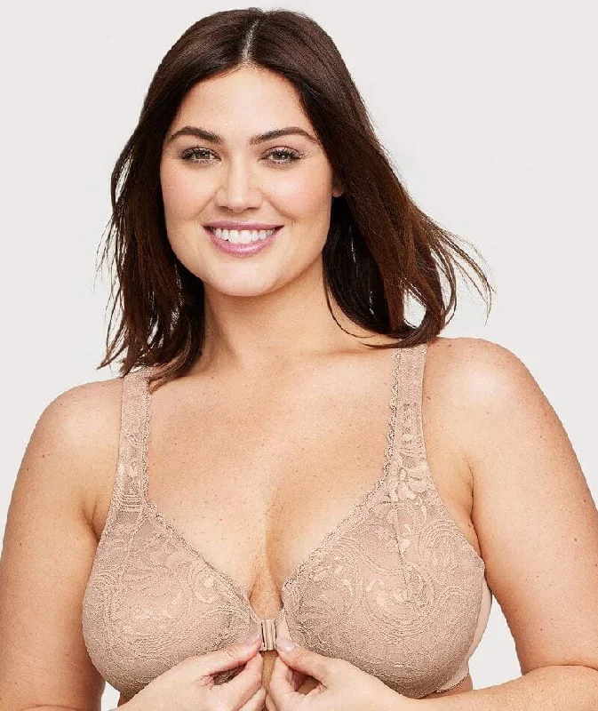 Quick Sale Glamorise WonderWire Front-Closure Stretch Lace Bra - Cafe