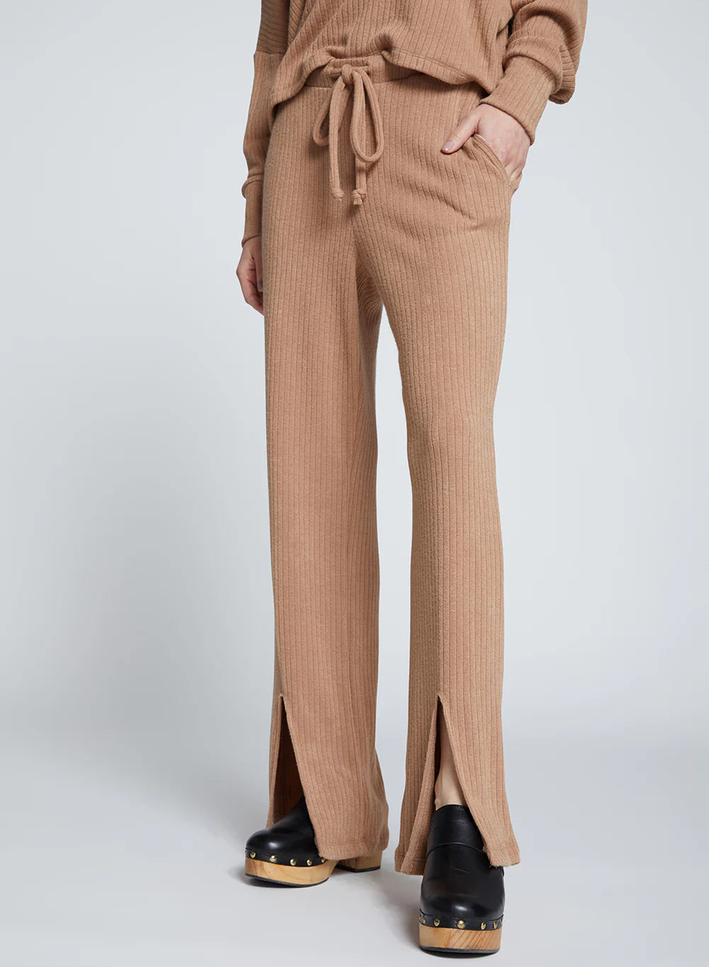 Value Deals Rachel Chunky Rib Front Slit Tie Pant Toffee