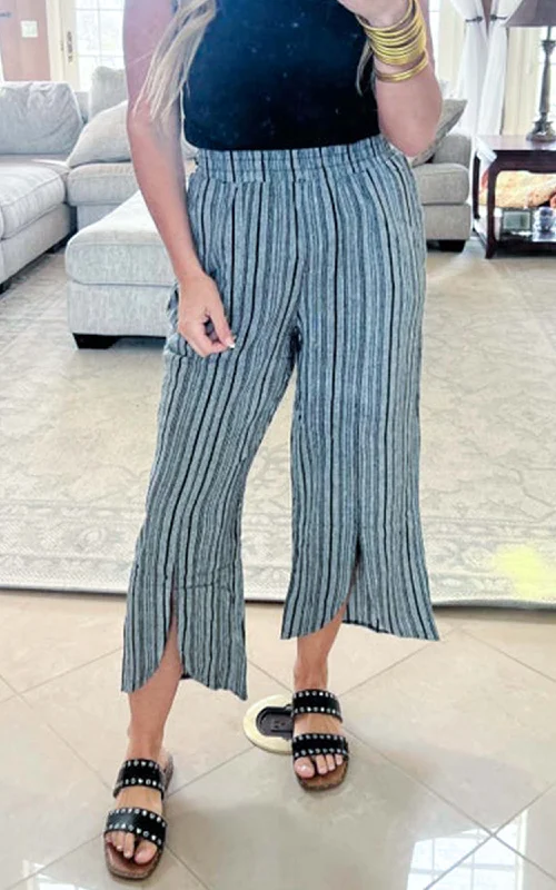 Time-Sensitive Black Striped Linen Wide Leg Cropped Capri