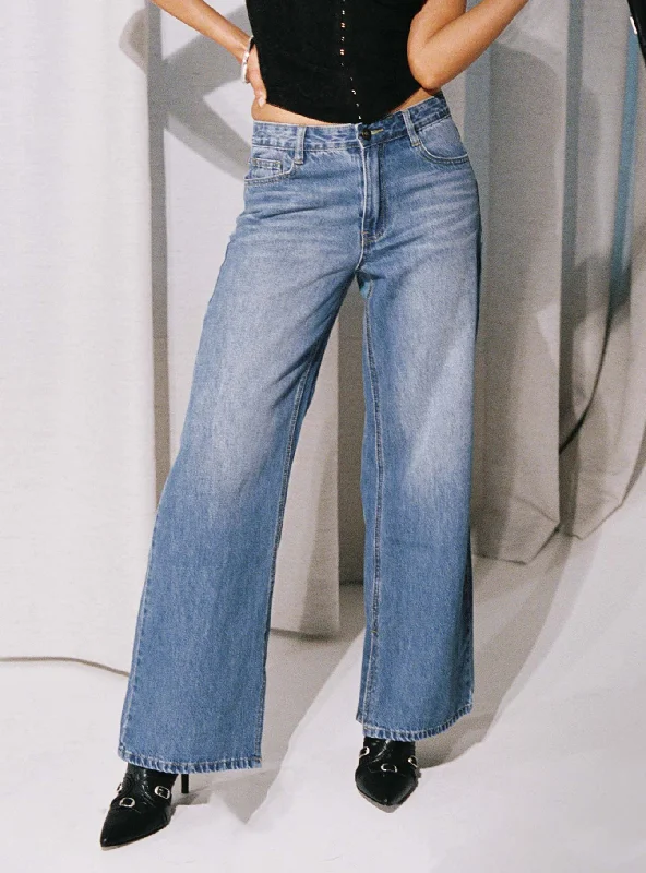 New Markdowns Azula Mid Rise Wide Leg Denim Jean Mid Blue