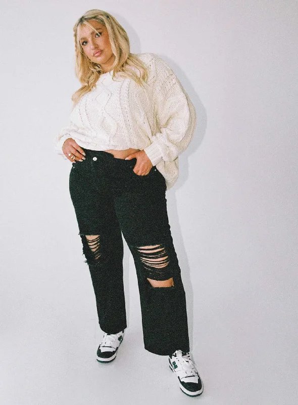 Weekend Discounts to Relish Holly Asymmetric Ripped Leg Jeans Black Denim Curve