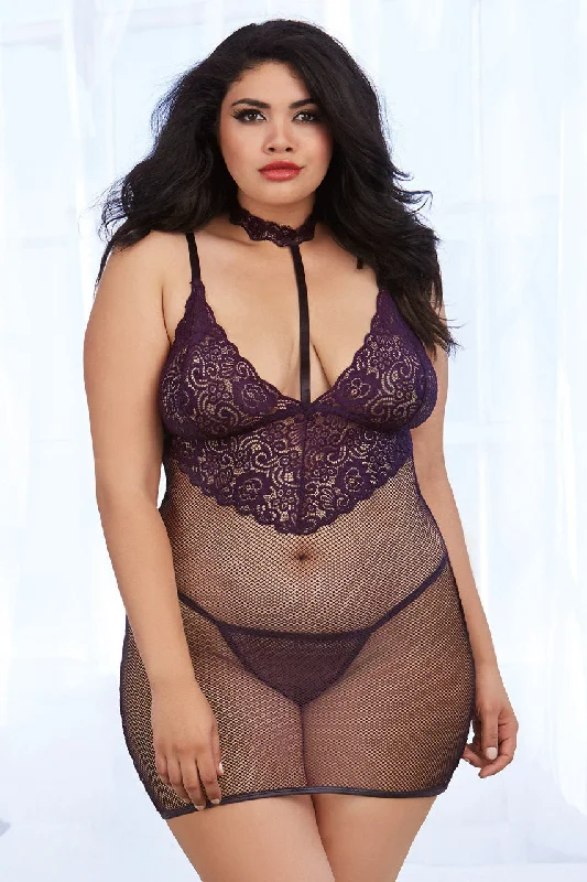 Weekend Specials Just for You Plus Size Fishnet and Lace Collared Chemise