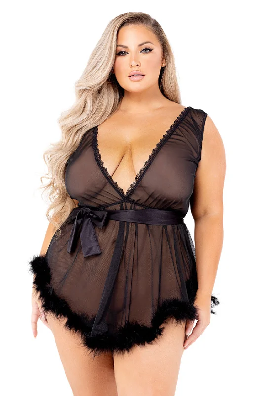 Weekend Price Cuts Galore Plus Size Retro Mesh and Marabou Babydoll