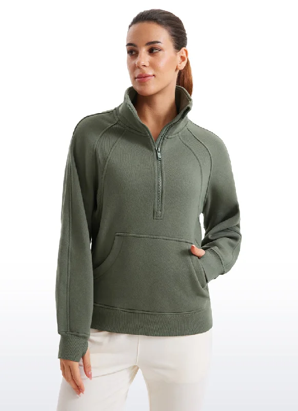 Super Deal Fleece Lined Half Zip Hip-Length Hoodies Funnel Neck with Thumb Holes
